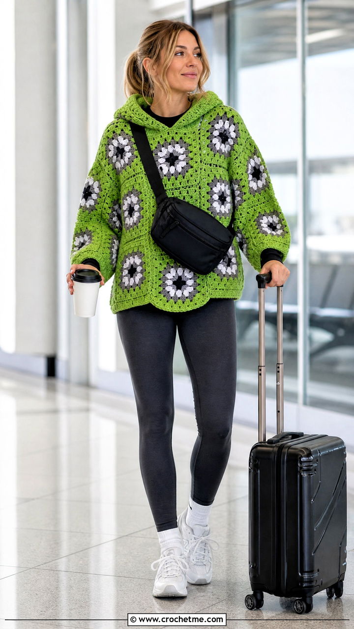Hooded Granny Square Sweater With Leggings And Sneakers - 35 granny square sweater outfit ideas