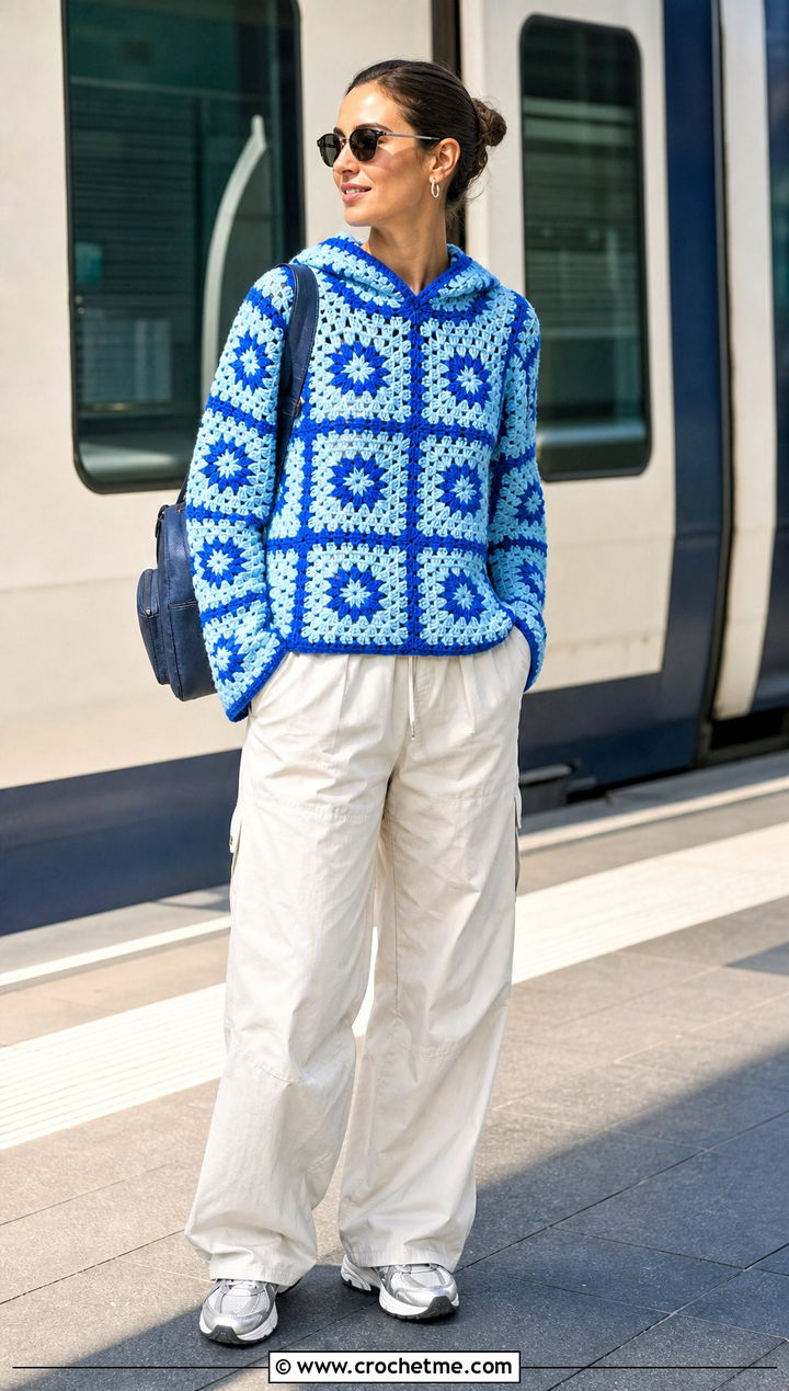 Hooded Granny Square Sweater With Parachute Pants - 25 Square Crochet Sweater outfit ideas