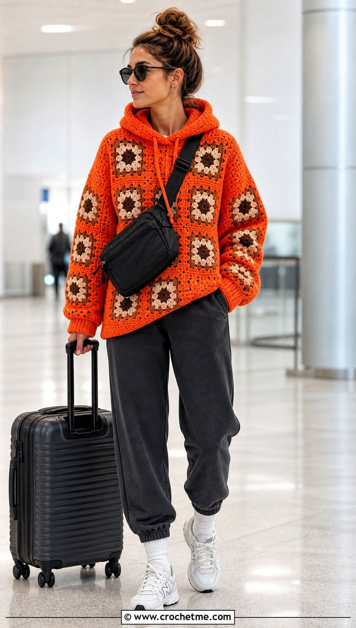 Hooded Granny Square Sweater With Relaxed Joggers - 25 Fall Granny Square Sweater outfit ideas