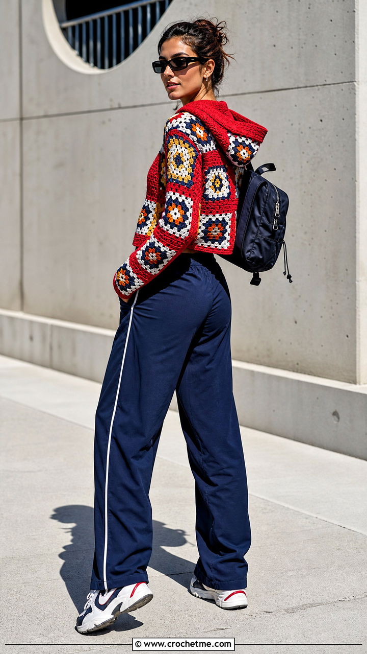 Hooded Granny Square Top With Track Pants - 35 granny square top outfit ideas