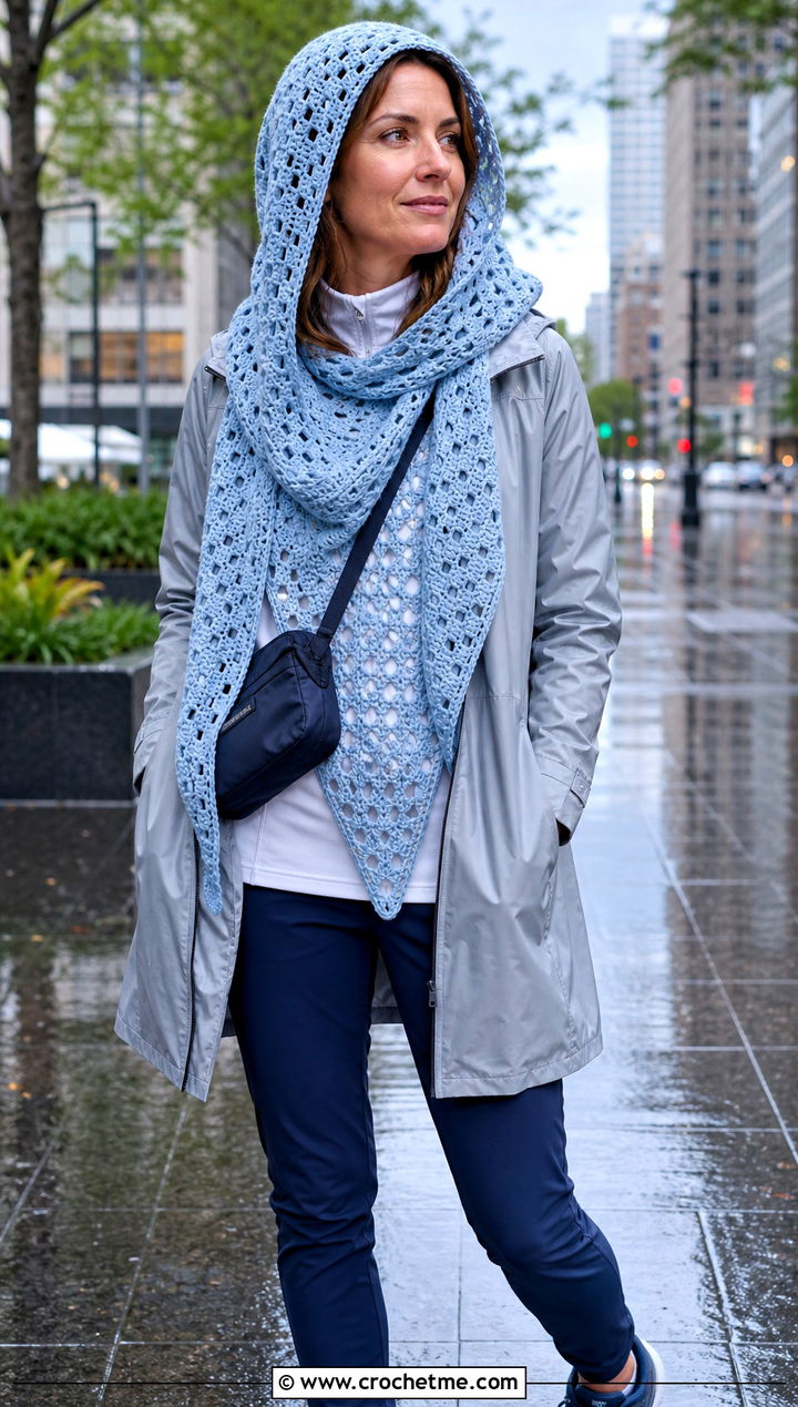 Hooded Granny Square Triangle Shawl With Raincoat - 30 granny square triangle shawl outfit ideas