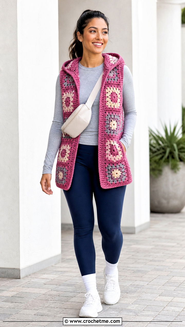 Hooded Granny Square Waistcoat With Leggings And Sneakers - 25 crochet granny square waistcoat outfit ideas