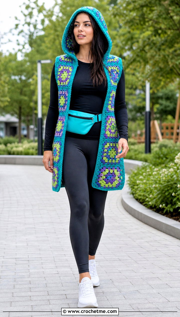 Hooded Granny Square Waistcoat With Leggings - 35 granny square waistcoat outfit ideas