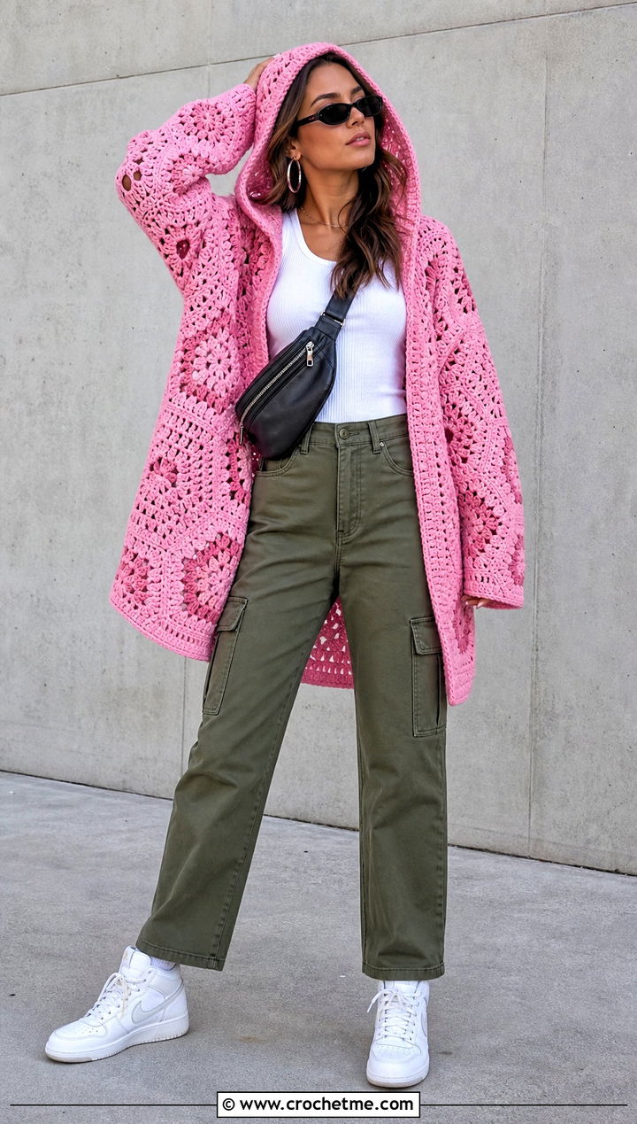 Hooded Granny Stitch Hexagon Cardigan With Cargo Pants - 35 granny square hexagon cardigan outfit ideas