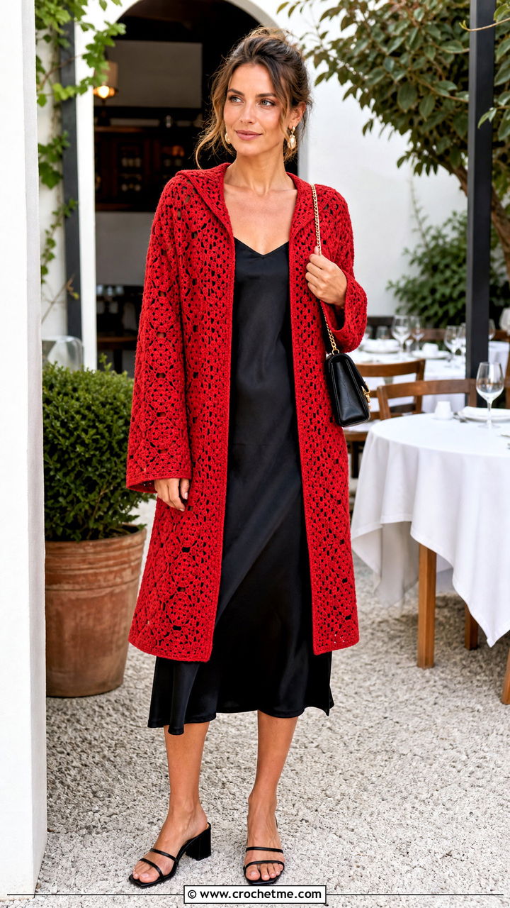 Hooded Granny Stitch Hexi Cardi With Slip Dress - 35 crochet hexi cardi outfit ideas