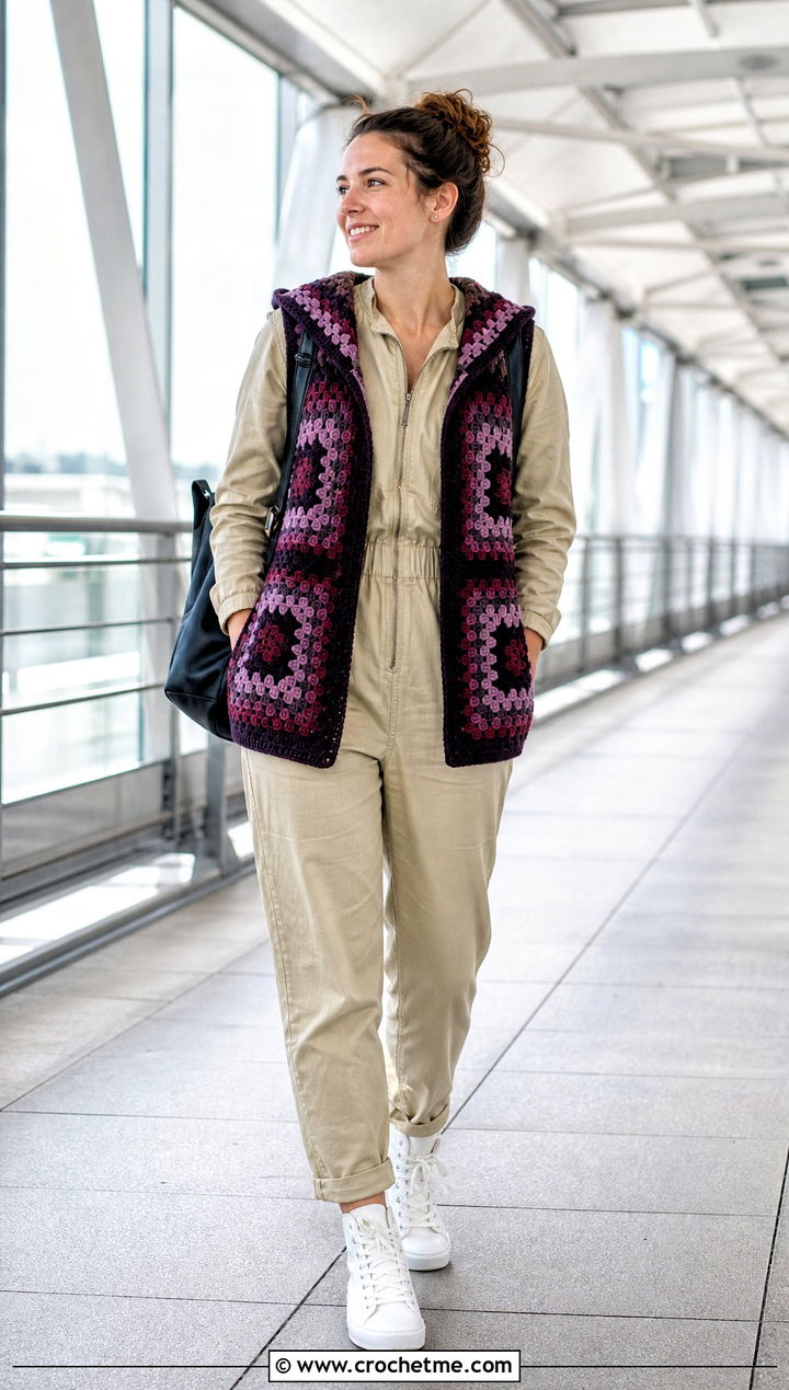 Hooded Granny Stripe Crochet Vest With Utility Jumpsuit - 15 granny stripe crochet vest outfit ideas