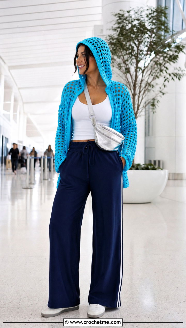 Hooded Grid Crochet Sweater With Track Pants - 15 Grid Crochet Sweater outfit ideas