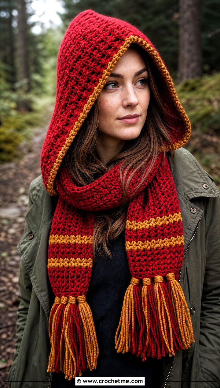 Hooded Gryffindor Crochet Scarf With Utility Jacket - 25 gryffindor crochet scarf outfit ideas