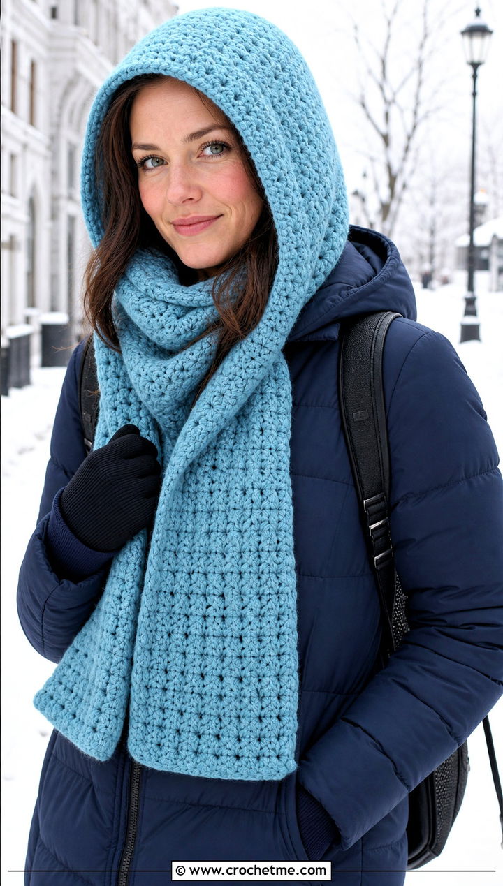 Hooded HDC Crochet Scarf With Long Puffer Coat - 20 Hdc Crochet Scarf outfit ideas