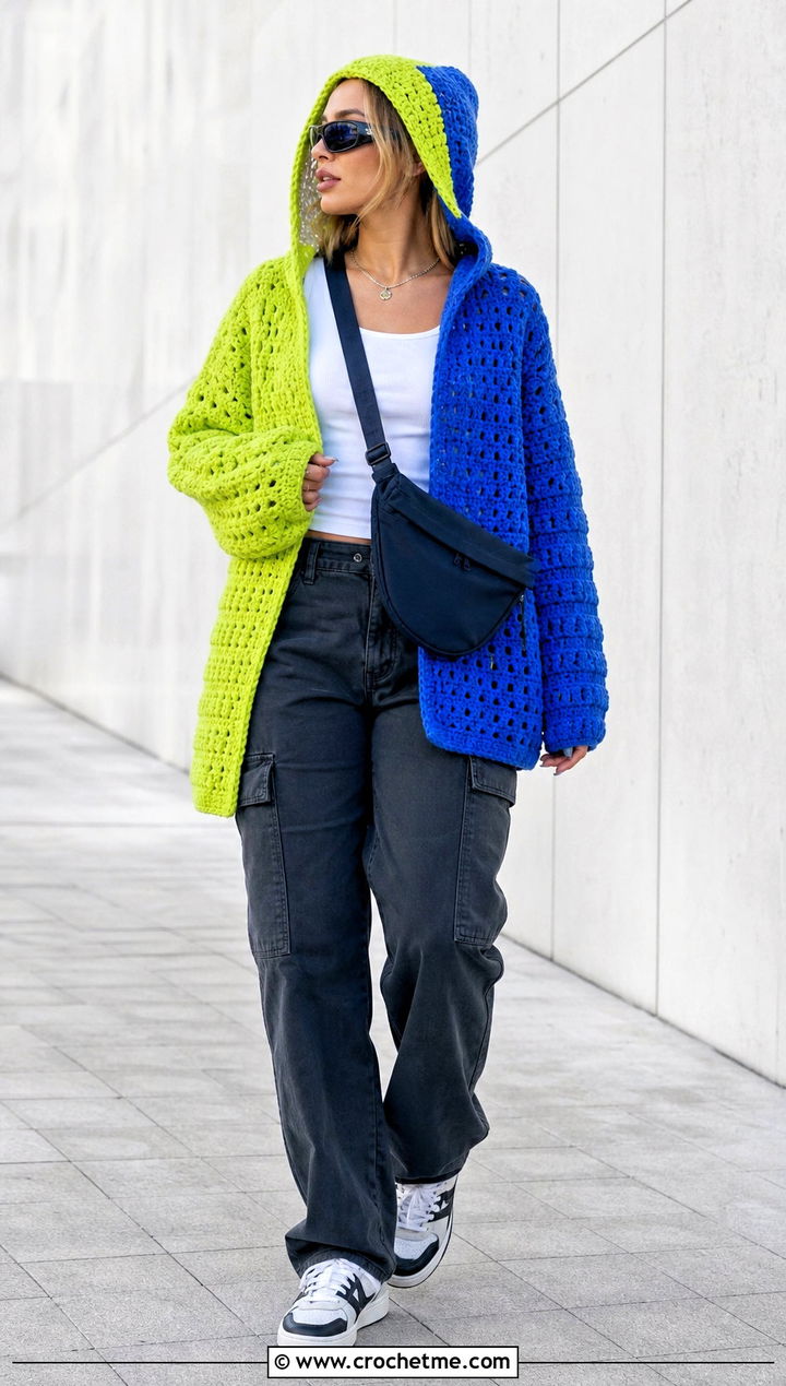 Hooded Half And Half Crochet Cardigan With Cargo Pants - 20 Half And Half Crochet Cardigan outfit ideas