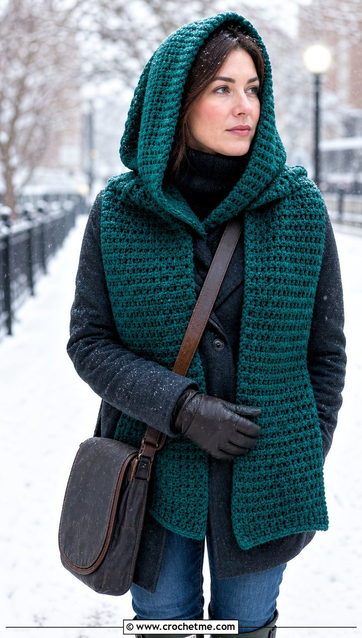 Hooded Half Double Crochet Scarf With Long Coat - 20 Half Double Crochet Scarf outfit ideas