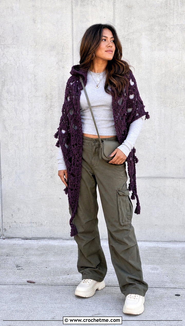 Hooded Heart Crochet Shawl With Cargo Pants - 25 Heart Crochet Shawl outfit ideas