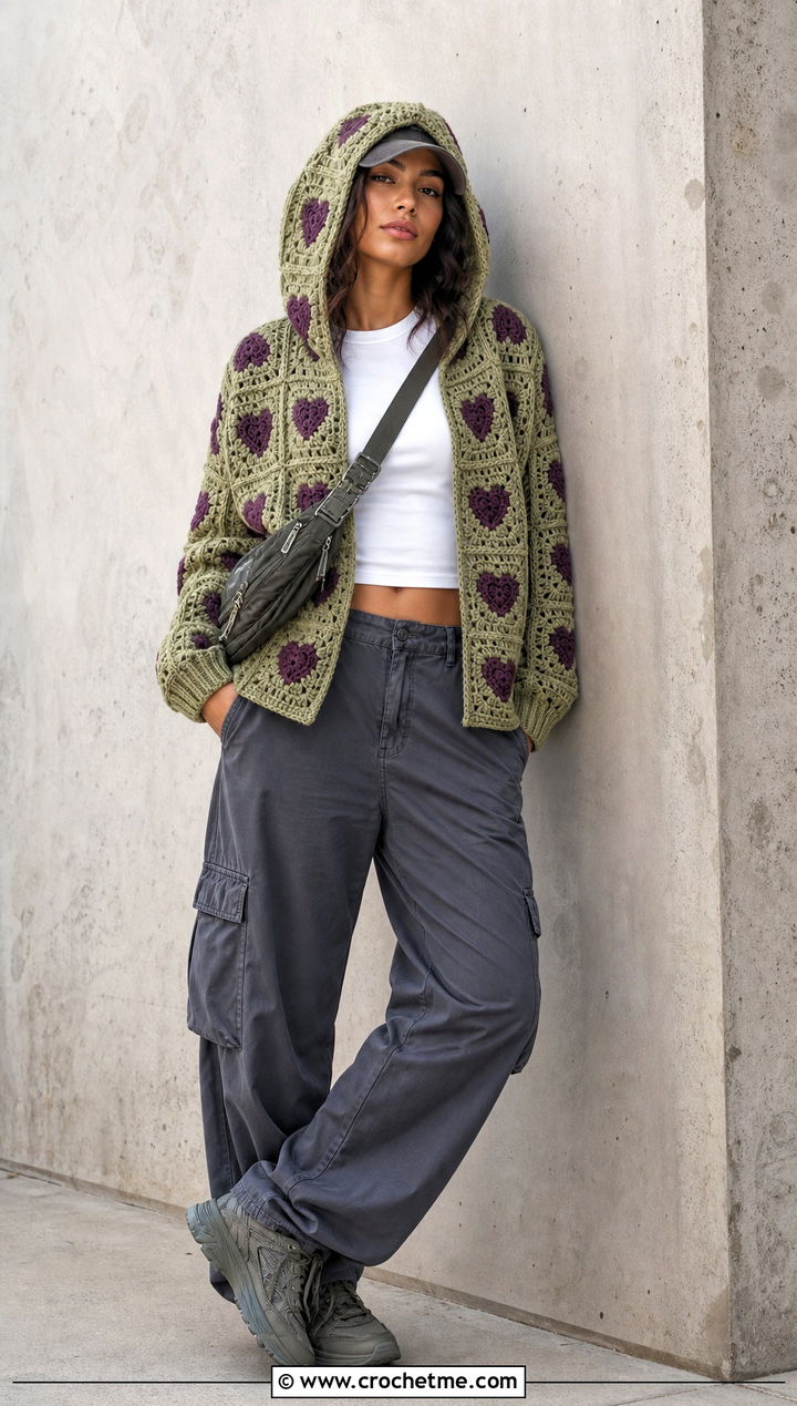 Hooded Heart Granny Square Cardigan With Cargo Pants - 35 Heart Granny Square Cardigan outfit ideas