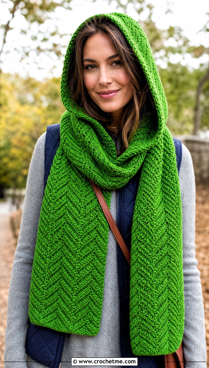 Hooded Herringbone Crochet Scarf With Quilted Vest - 15 Herringbone Crochet Scarf outfit ideas