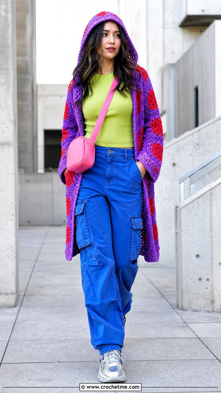 Hooded Hexagon Cardigan With Cargo Pants - 35 crochet hexagon cardigan outfit ideas