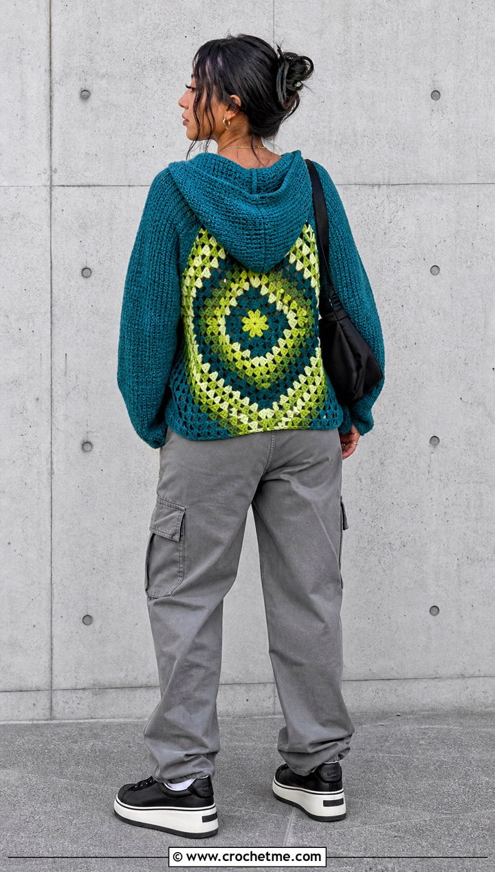 Hooded Hexagon Cardigan With Granny Square Back And Cargo Pants - 20 Hexagon Cardigan With Granny Square Back outfit ideas