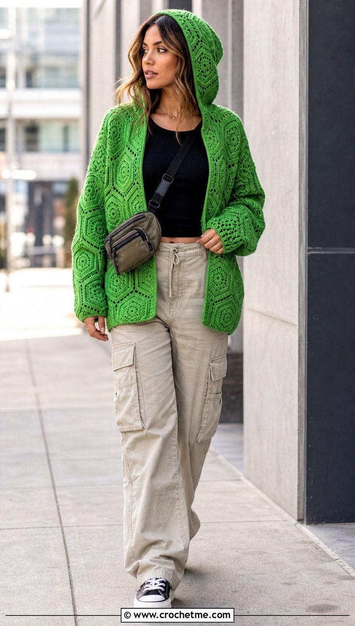 Hooded Hexagon Crochet Cardigan With Cargo Pants - 20 bohemian crochet cardigan outfit ideas