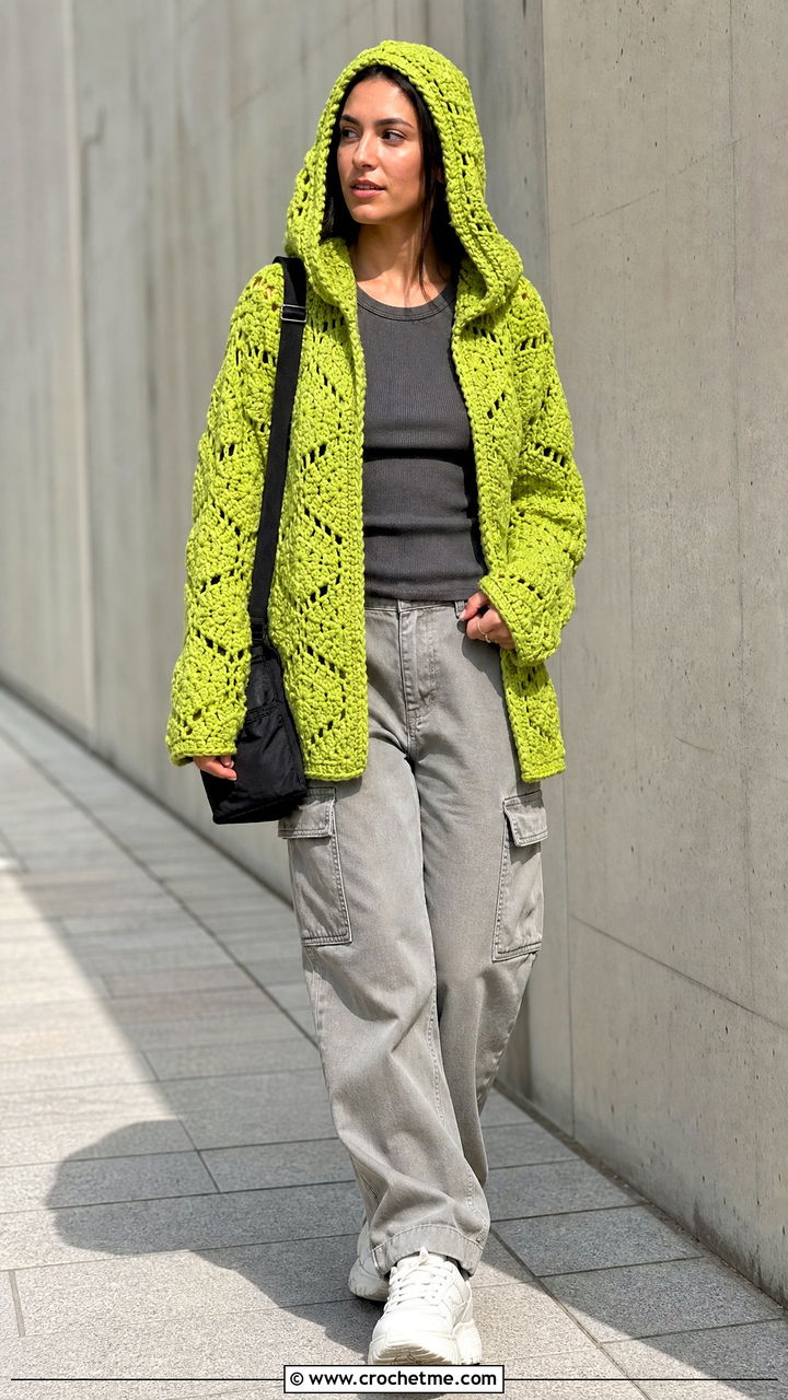 Hooded Hexagon Crochet Cardigan With Cargo Pants - 35 hexagon crochet cardigan outfit ideas