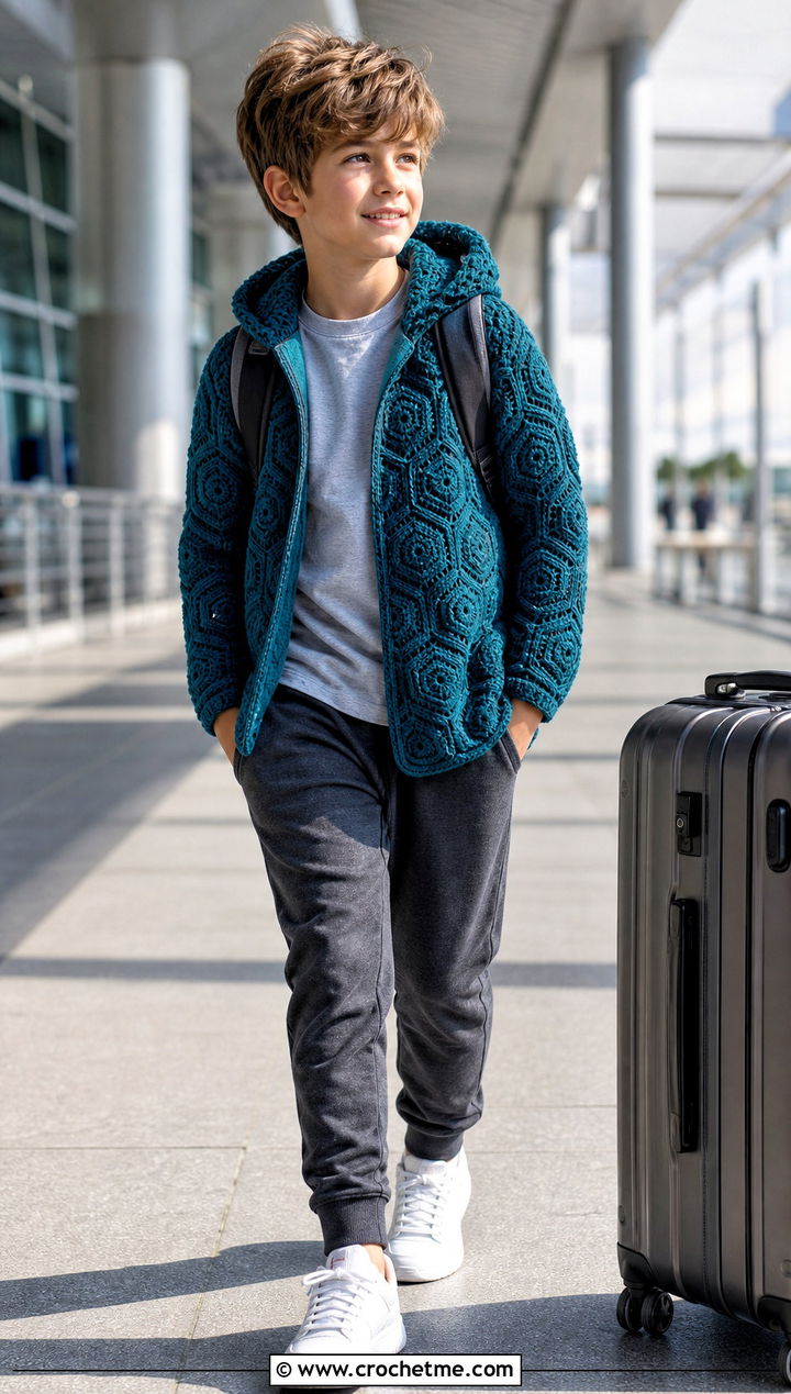 Hooded Hexagon Crochet Cardigan With Joggers - 25 Childs Crochet Cardigan outfit ideas