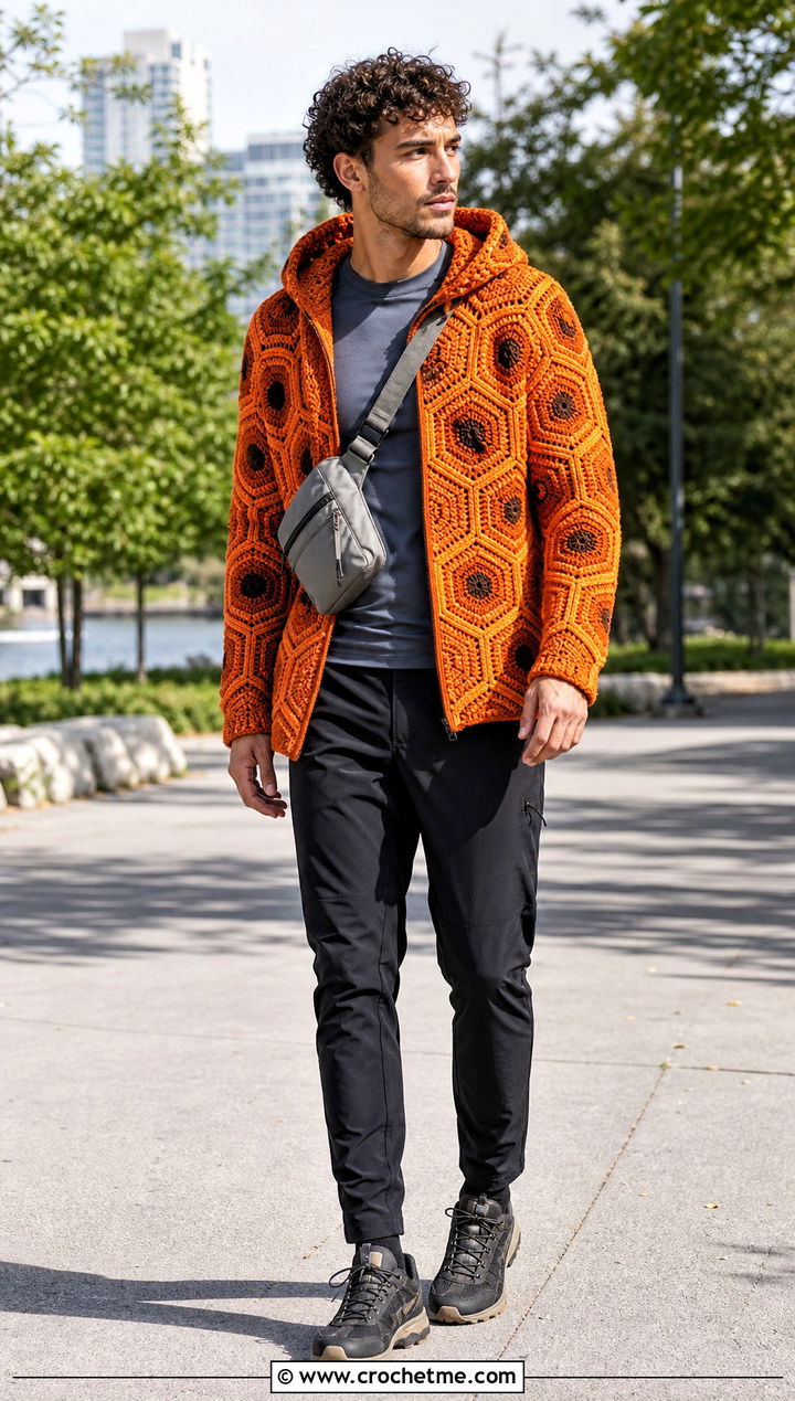 Hooded Hexagon Crochet Cardigan With Technical Pants - 35 men hexagon crochet cardigan outfit ideas