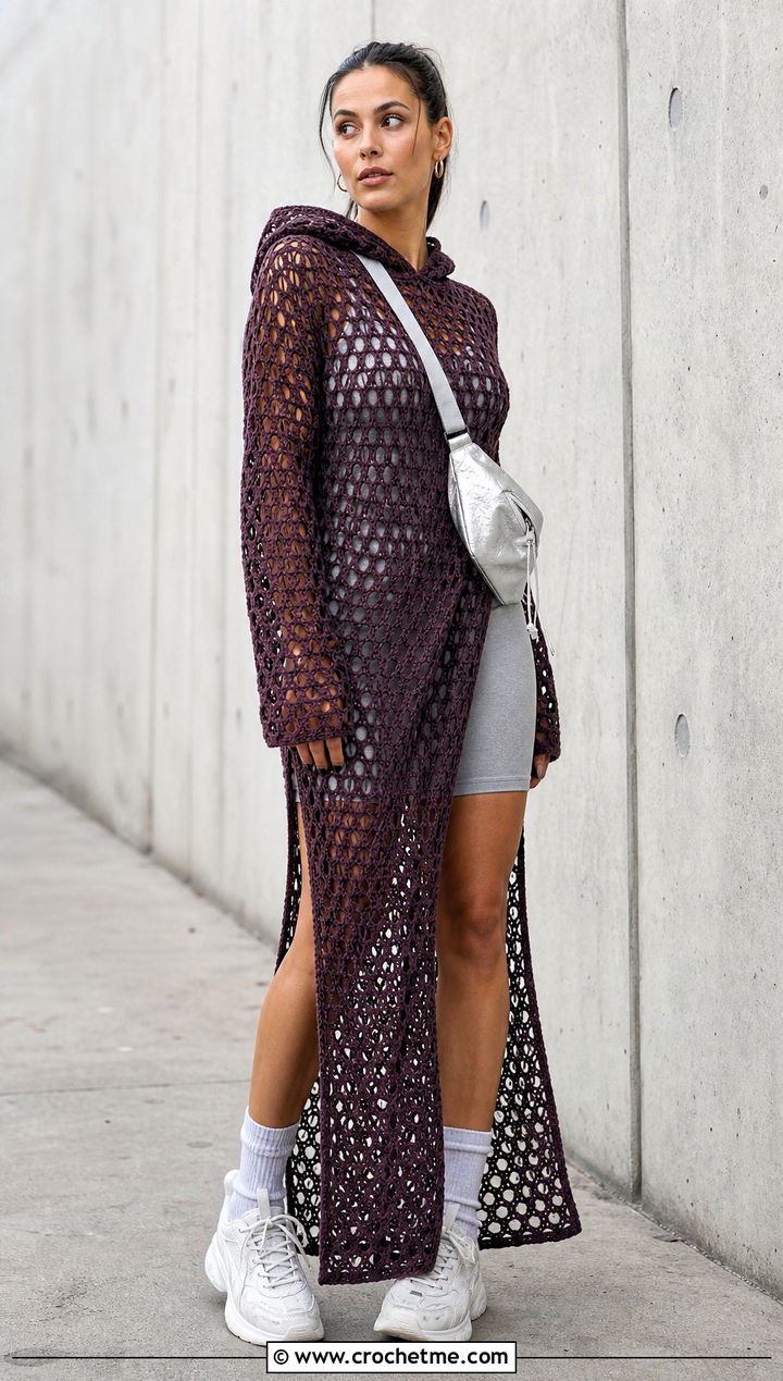 Hooded Hexagon Crochet Dress With Chunky Sneakers - 25 hexagon crochet dress outfit ideas