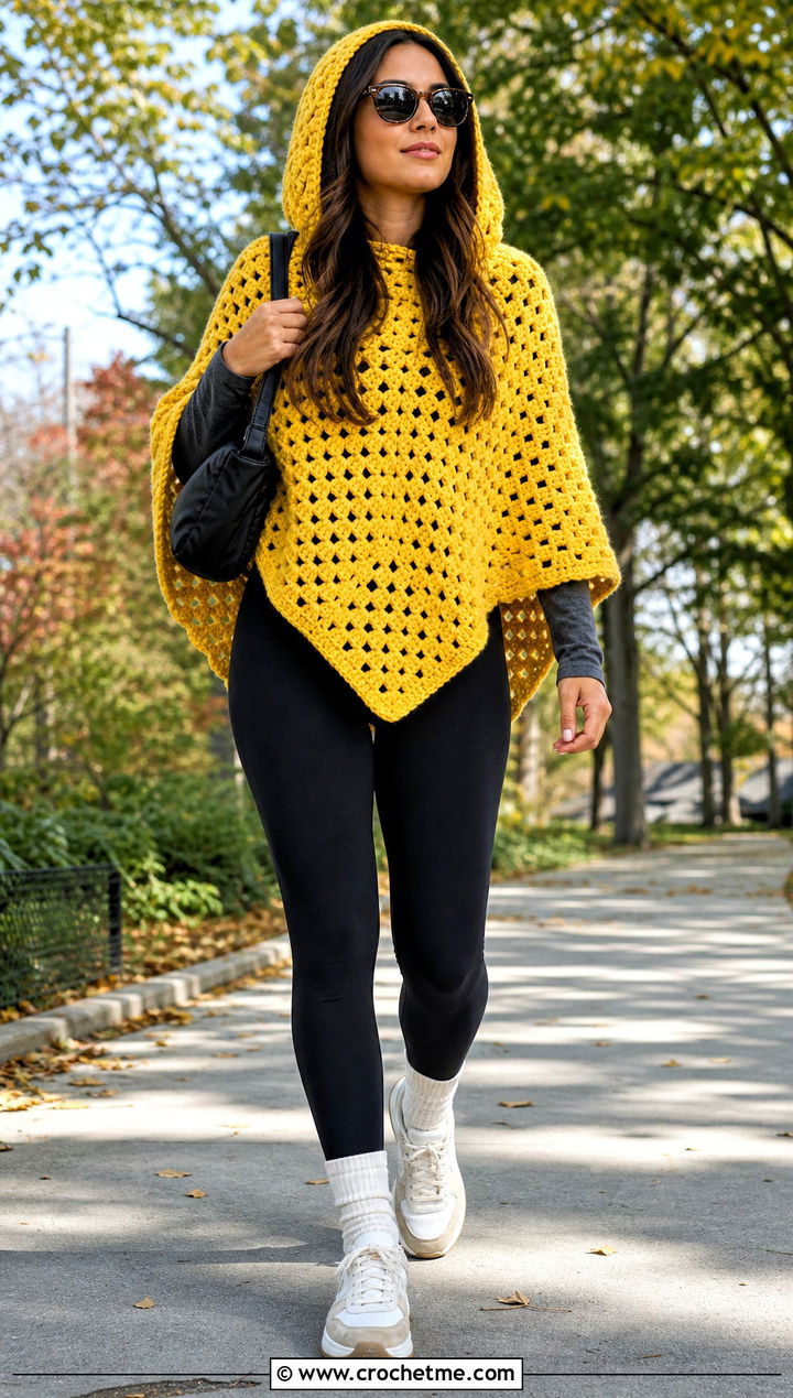 Hooded Hexagon Crochet Poncho With Black Leggings - 20 Hexagon Crochet Poncho outfit ideas