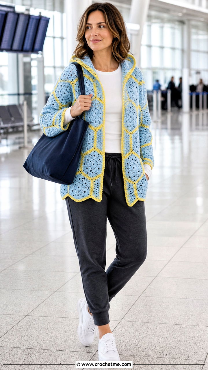 Hooded Hexagon Granny Cardigan With Joggers - 35 crochet granny cardigan outfit ideas
