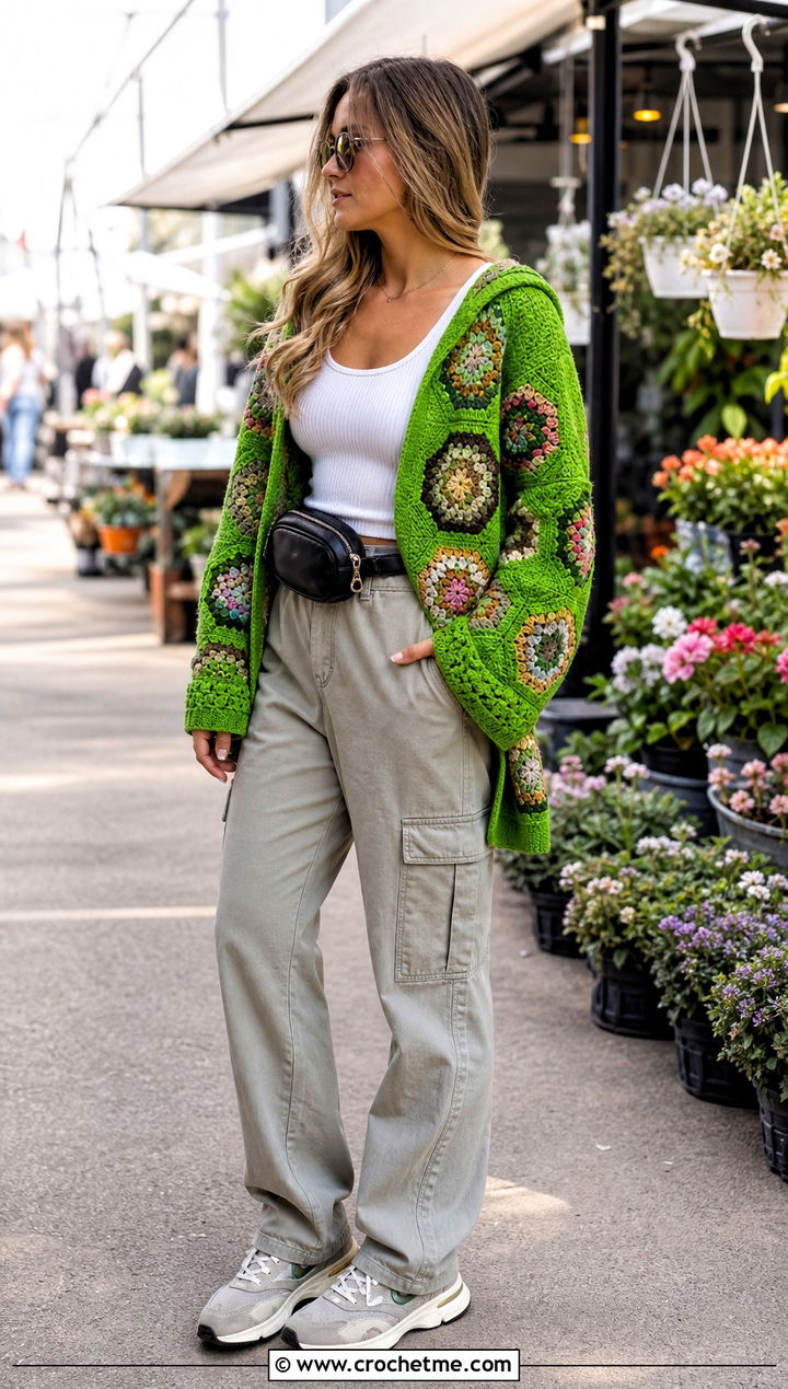 Hooded Hexagon Granny Square Cardigan With Cargo Pants - 35 hexagon granny square sweater outfit ideas
