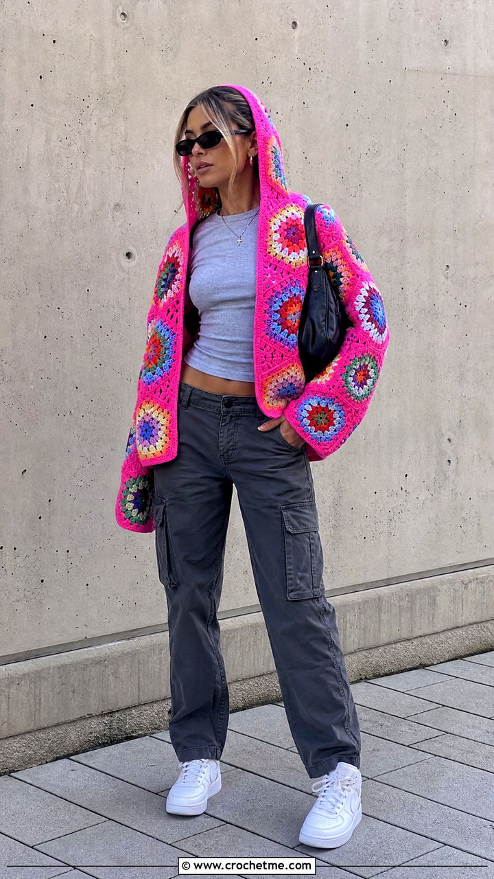 Hooded Hexagon Granny Square Cardigan With Cargo Pants - 35 hexagon granny square cardigan outfit ideas