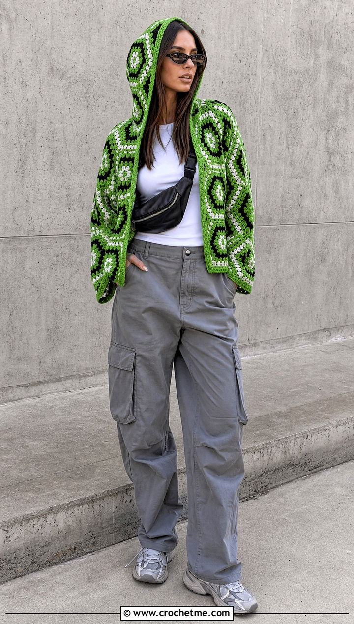 Hooded Hexagon Granny Square Pullover With Cargo Pants - 25 Hexagon Granny Square Pullover outfit ideas