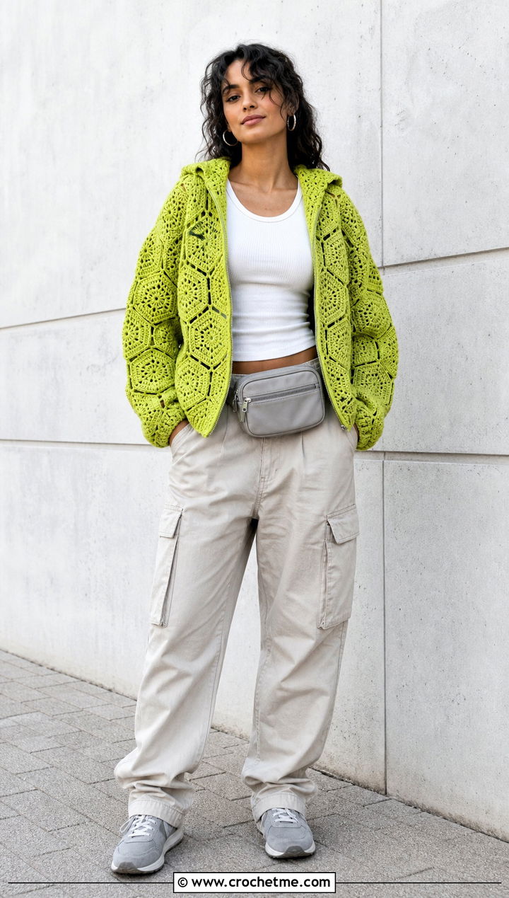 Hooded Hexagon Jumper With Cargo Pants - 30 crochet hexagon jumper outfit ideas