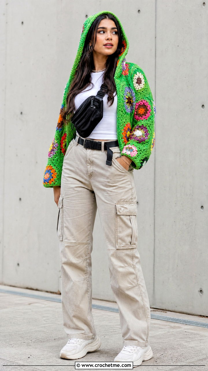 Hooded Hexagon Pullover With Cargo Pants - 35 crochet hexagon pullover outfit ideas
