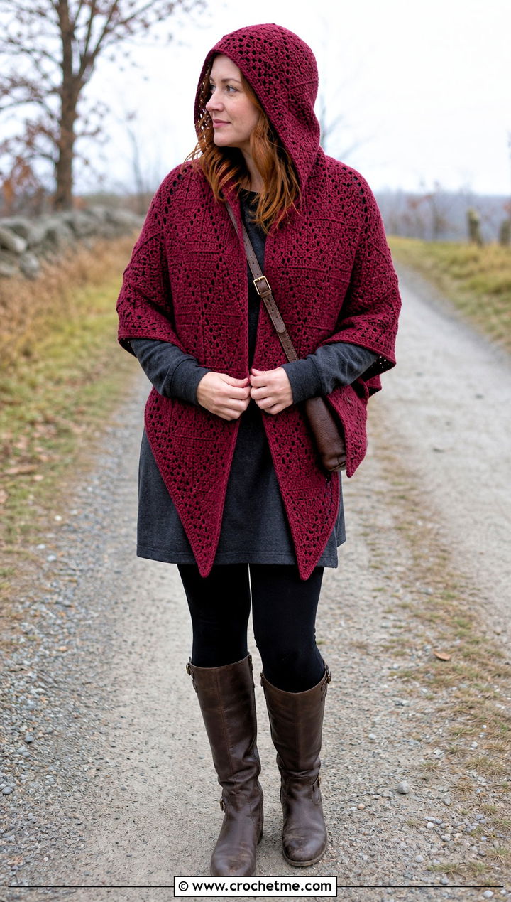 Hooded Hexagon Shawl With Leggings And Boots - 20 Crochet Hexagon Shawl outfit ideas