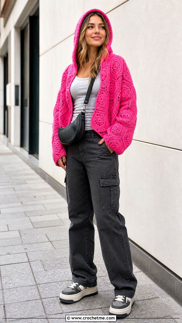 Hooded Hexagon Sweater With Cargo Pants - 35 crochet hexagon sweater outfit ideas
