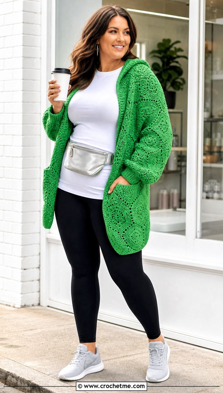 Hooded Hexi Cardigan With Leggings - 35 crochet hexi cardigan outfit ideas