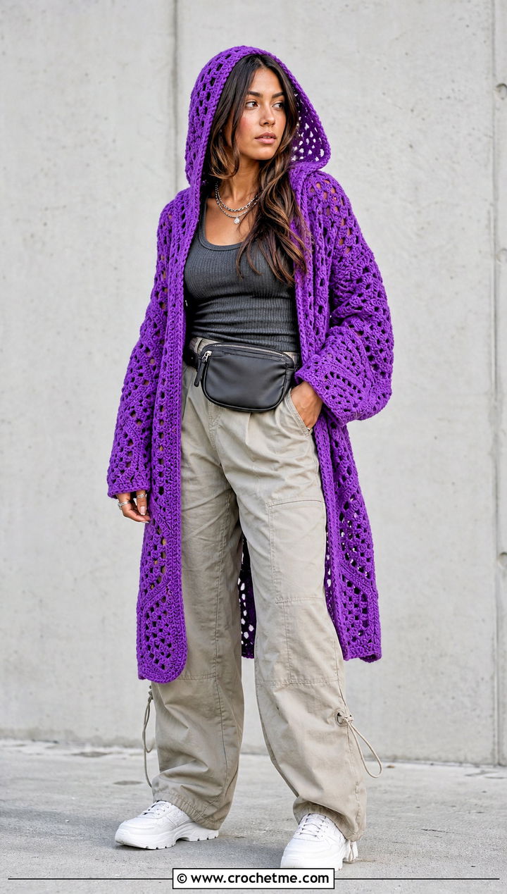 Hooded Hexi Crochet Cardigan With Cargo Pants - 35 hexi crochet cardigan outfit ideas