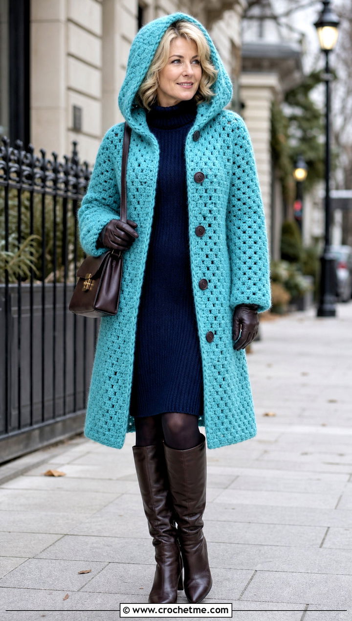Hooded Hexi Crochet Coat With Sweater Dress - 20 hexi crochet hoodie outfit ideas