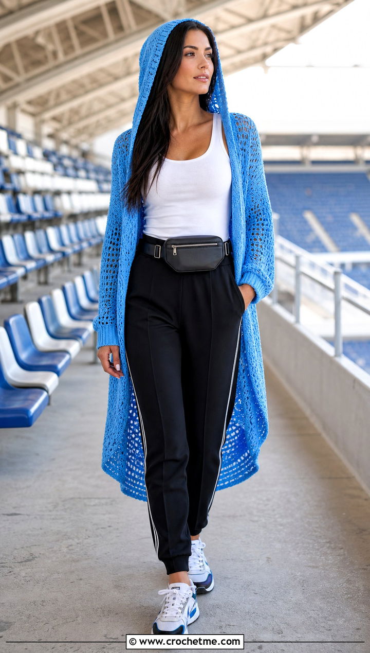 Hooded High Low Crochet Cardigan With Track Pants - 30 crochet asymmetrical cardigan outfit ideas