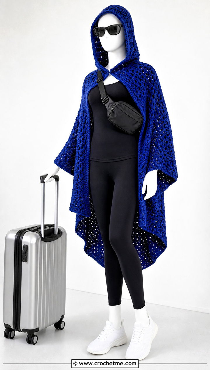 Hooded High Low Crochet Poncho With Leggings And Sneakers - 15 crochet poncho on mannequin outfit ideas