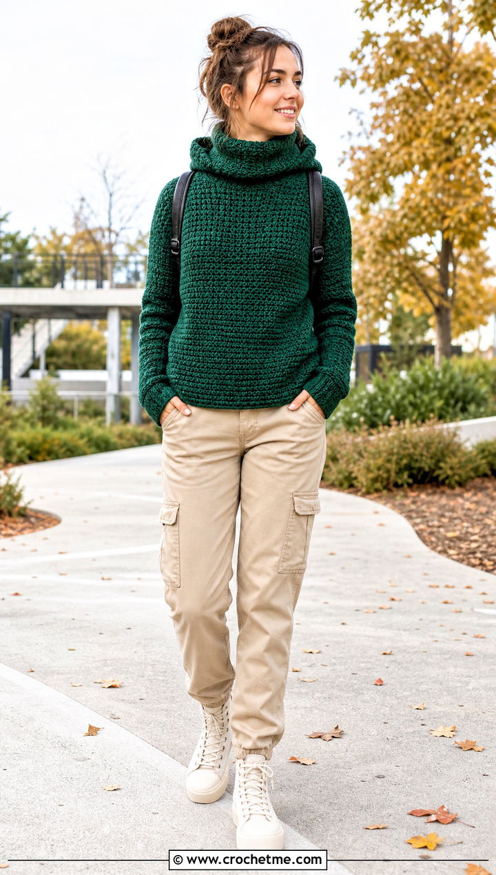 Hooded High Neck Crochet Sweater With Utility Pants - 30 crochet high neck sweater outfit ideas