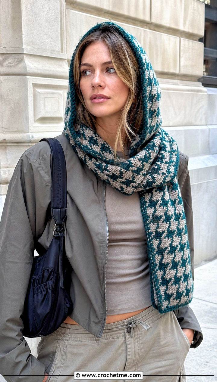 Hooded Houndstooth Crochet Scarf With Cargo Pants - 15 Houndstooth Crochet Scarf outfit ideas