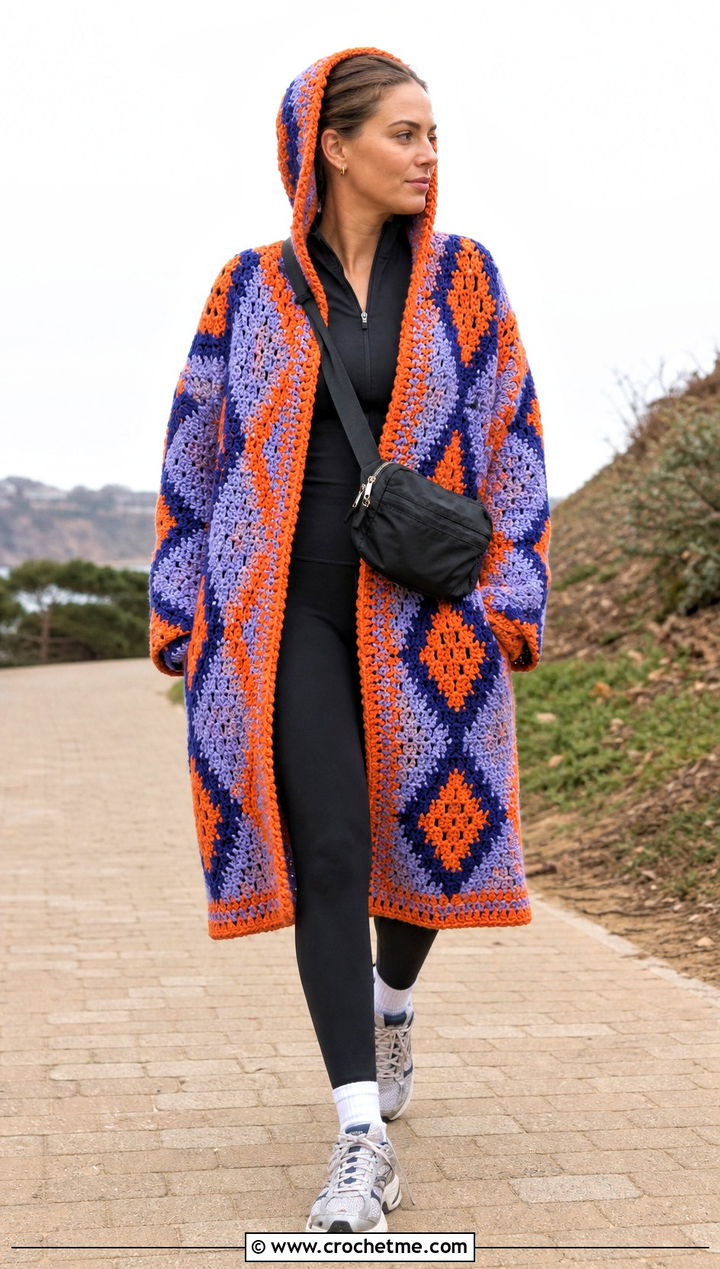 Hooded Howl Crochet Coat With Black Leggings - 25 howl crochet coat outfit ideas