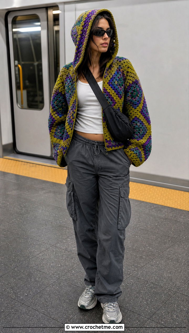 Hooded Howls Crochet Jacket With Cargo Pants - 25 Howl's Crochet Jacket outfit ideas