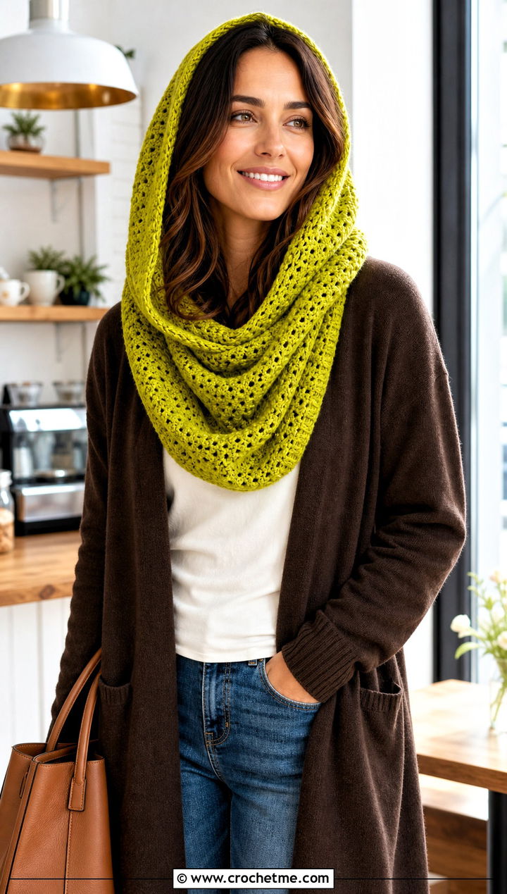 Hooded Infinity Crochet Cowl Snood With Long Cardigan - 25 hooded crochet cowl snood outfit ideas