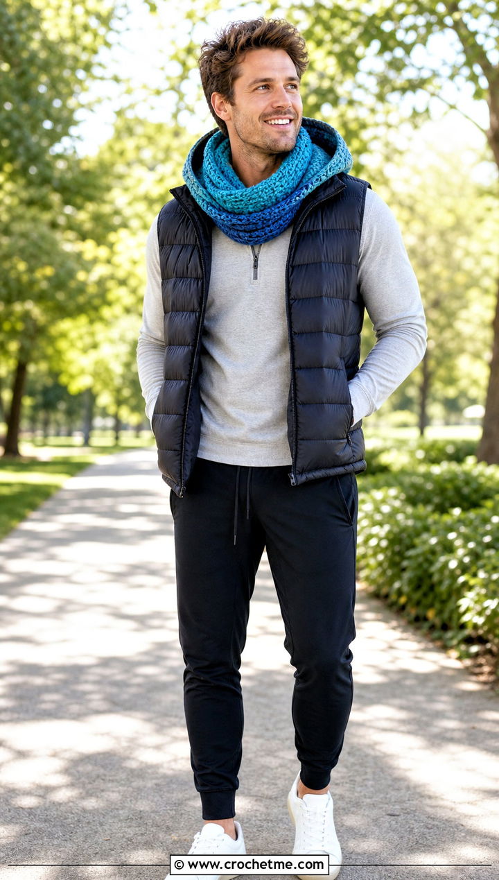 Hooded Infinity Crochet Cowl With Athleisure Outfit - 30 crochet cowl for men outfit ideas