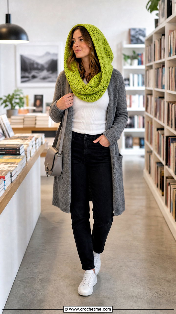 Hooded Infinity Crochet Cowl With Long Cardigan - 35 crochet hooded cowl outfit ideas