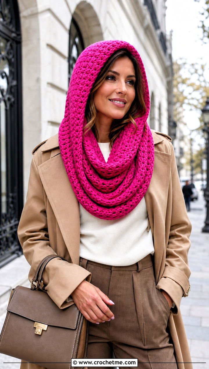 Hooded Infinity Crochet Cowl With Trench Coat - 25 crochet cowl hood outfit ideas