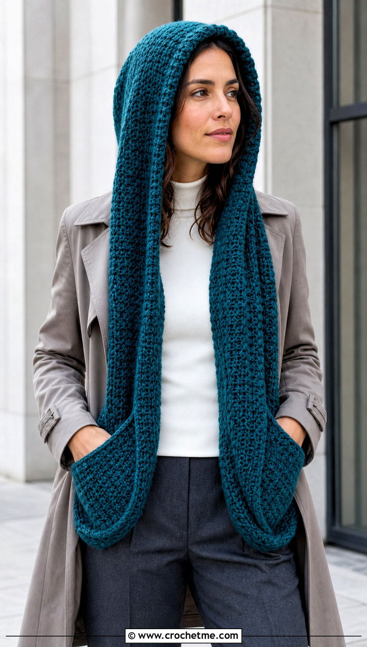Hooded Infinity Crochet Pocket Scarf With Trench Coat - 25 crochet hooded pocket scarf outfit ideas