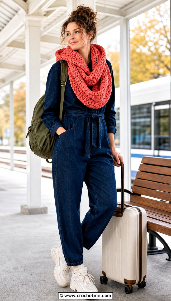 Hooded Infinity Crochet Scarf With Denim Jumpsuit - 35 fall crochet scarf outfit ideas