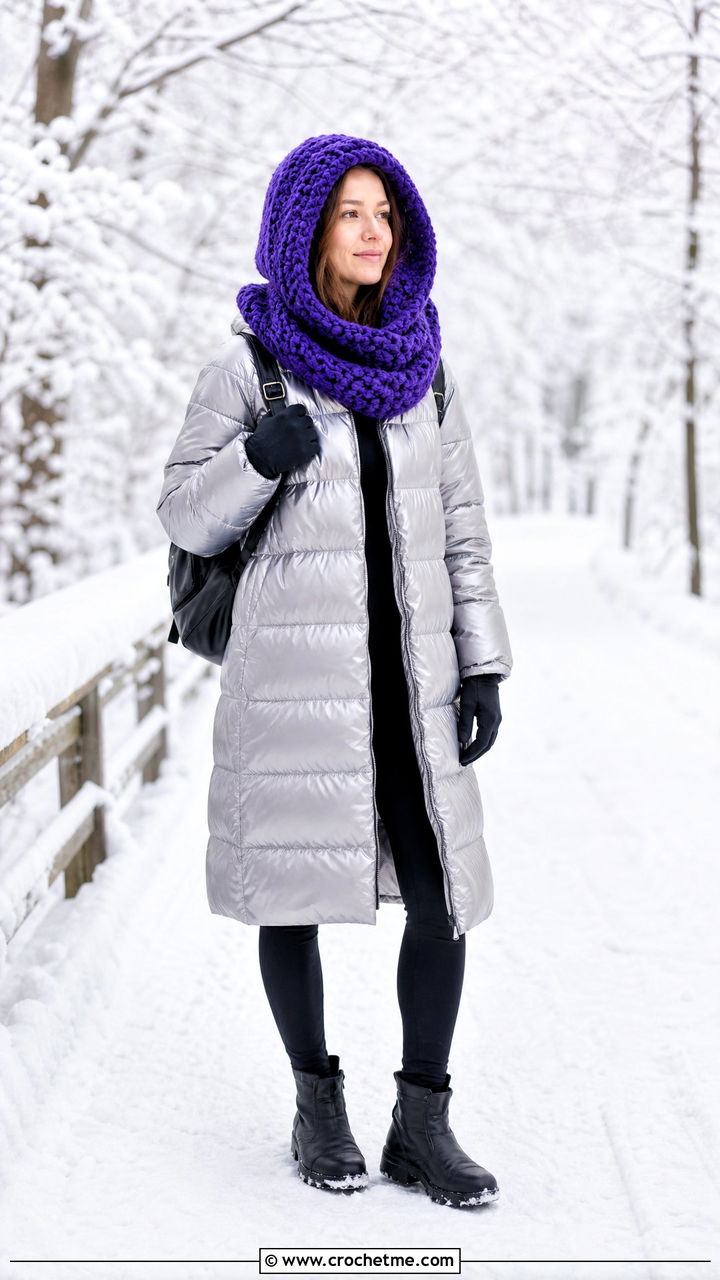 Hooded Infinity Crochet Scarf With Long Puffer - 35 crochet scarf ideas